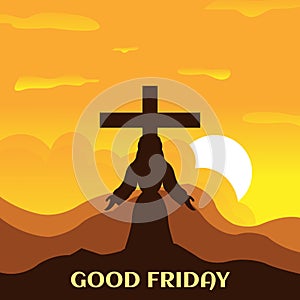 Illustration vector graphic of jesus standing with the cross on the hill in the evening, showing sunset