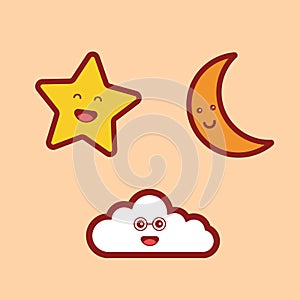 illustration vector graphic of kawai style cute vector moon cloud star