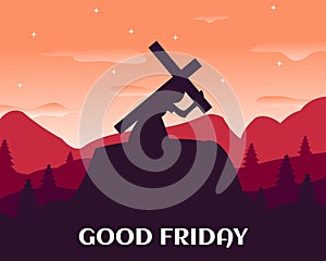 Illustration vector graphic of a man carrying a cross on his shoulders on a hill