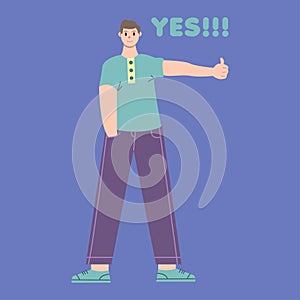 Illustration vector graphic of man cartoon character with thumbs up pose in flat design. Business concept. Blue background.