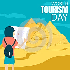 illustration vector graphic of man holding world map in egypt tourist destination, showing sphinx statue and pyramid in desert