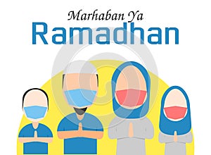 Illustration vector graphic of moslem familly using a mask say welcome ramadhan.
