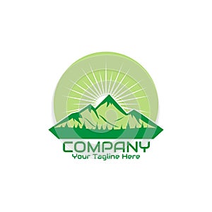 illustration vector graphic of mountain logo with sunrise accompanied by green forest