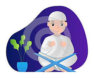 Illustration vector graphic of Muslim boy who are reading the Qur`an and pray. Good for infographic. ramadan posters, ui, ux