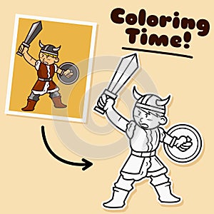 Illustration vector graphic outlined and colored cartoon character of Viking boy with with sword and shield.