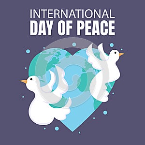 illustration vector graphic of a pair of white doves are flying flapping their wings, showing the world map in the heart symbol