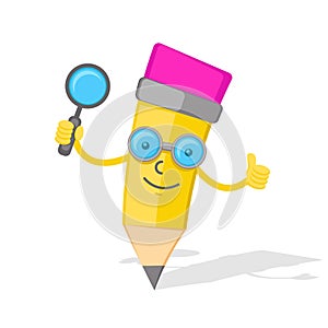 Illustration vector graphic of pencil cartoon character with magnifying glass.