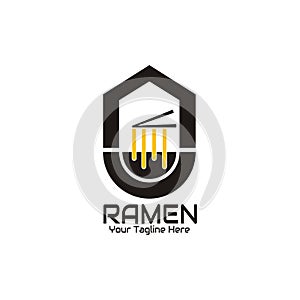 Illustration vector graphic of The ramen is taken with chopsticks in a black bowl against the background of the house