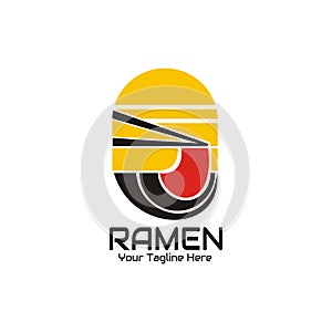 illustration vector graphic of red ramen in a black bowl taken with chopsticks showing a yellow background