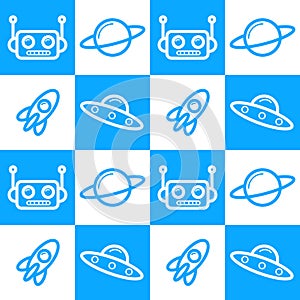 Illustration vector graphic of robot head, Saturn planet, rocket and UFO blue pattern.