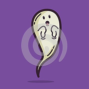 Illustration vector graphic of scary ghost. Purple background. Fit for halloween greeting card and trick or treat party invitation