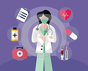 Illustration vector graphic of standing female doctor wearing white coat, displaying medical supplies