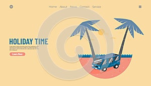 Illustration vector graphic of summer holiday concept, van car with beach background. good for web landing page