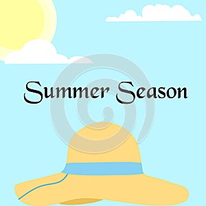 Illustration vector graphic of summer season with straw hat, sun, and clouds on blue background