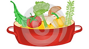 Illustration Vector Graphic of Vegetables enter the boiling water in a red pan and will be made into soup