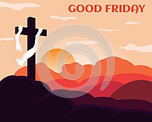 Illustration vector graphic of white shawl cross on the hill, showing the sunset