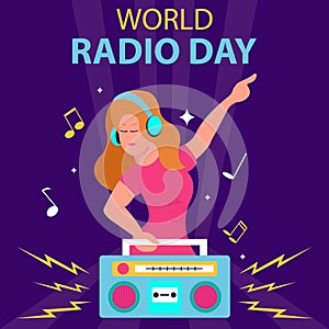 illustration vector graphic of a woman is listening to music radio with headphones