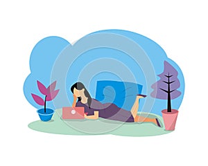 Illustration vector graphic of woman lying down while using laptop at home