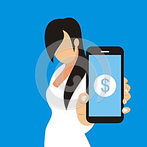 Illustration vector graphic of young woman showing her smartphone, showing dollar icon