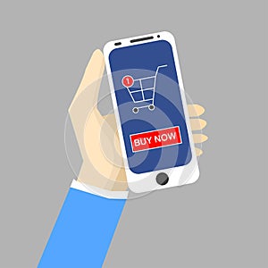An illustration vector of hand holding smartphone with one item on cart and buy now button on the screen. Online shopping and E-