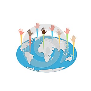 Illustration  vector image. Our planet earth with the hands of different races