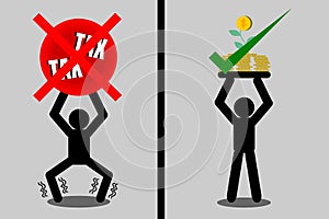 Illustration vector of man is bearing double taxes. And the other is bearing stacked coins. Business, finance and tax concept.