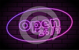 Illustration of Vector Neon Sign. Open 24 Hours Glowing Neon Frame. 24 7 Retro Neon Sign