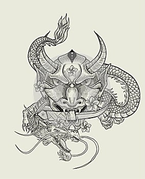 Illustration vector oni mask with Dragon