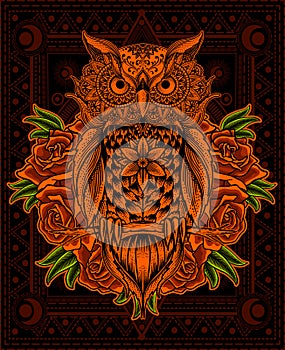 Illustration vector owl bird mandala zentangle with rose flower