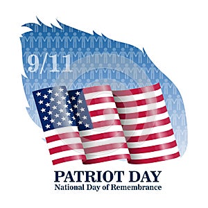 Illustration of Vector Patriots Day Poster. September 11th 2001 Paper Lettering on Blurred USA Flag