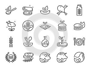 Plant-based Food line icon set. Included the icons as Bio-engineered Food, vegan, Vegetarian, meal, burger, Nutritious, and more. photo