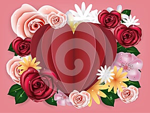 Illustration vector realistic of beautiful rose flowers background with heart origami paper craft.