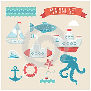 Illustration vector set of marine cute elements objects