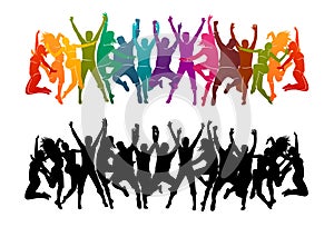 Illustration vector silhouettes party dance colorful group of jumping people dancing. Jazz funk, hip-hop, house dance. Dancer man