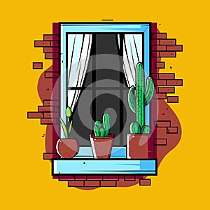 Illustration vector of windows and cactus plant