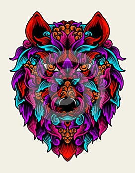 Illustration vector wolf head with colorful ornament style