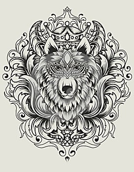 Wolf head with vintage engraving ornament