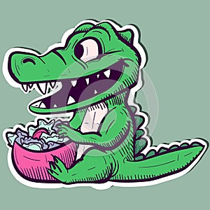 Illustration of a vegetarian alligator being excited about a bowl of greens. Vector of a green crocodile eating a salad.