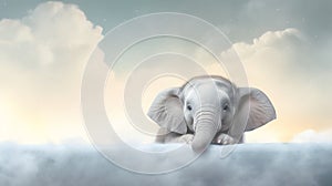 Illustration of A very cute little elephant lies on the clouds. Image of a cute, minimalist watercolor style. Generative ai