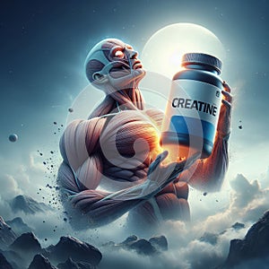 Illustration of Very muscular human body along with a bottle of creatine