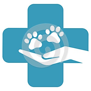 Illustration of a veterinary clinic logo. A hand holds a dog’s paws