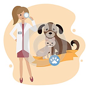 Illustration of a veterinary hospital, a female veterinarian, a dog and a cat. Clip art, animal treatment design