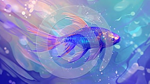 Illustration of a vibrant blue goldfish in underwater scenery