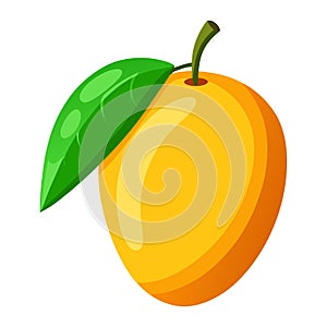 Illustration of a vibrant mango fruit with a green leaf on white background