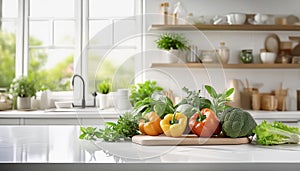 Illustration of a vibrant, modern kitchen bathed in sunlight, with fresh vegetables like bell peppers and broccoli on the counter