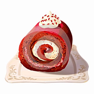 Illustration of a Vibrant Red Velvet Roll Cake photo