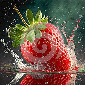 Illustration of vibrant strawberry in water splashes on dark background. Generative Ai