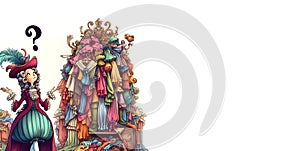 Illustration of Victorian lady indecisive question with pile of clothes on white