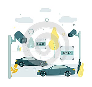 Illustration of video surveillance. Recognition of numbers. Video tracking. Camcorders capture cars on the road and