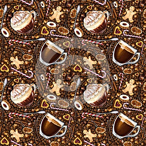 Seamless pattern with different coffee drinks and sweets on dark background.